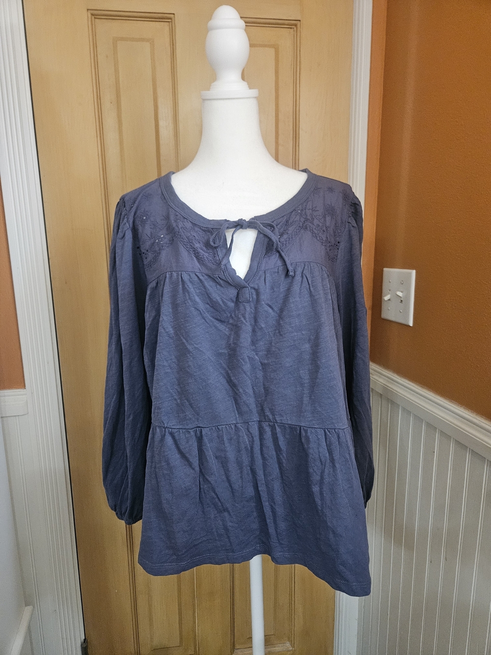 Lucky Brand Slate Blue Peasant Tunic with Tie Neck